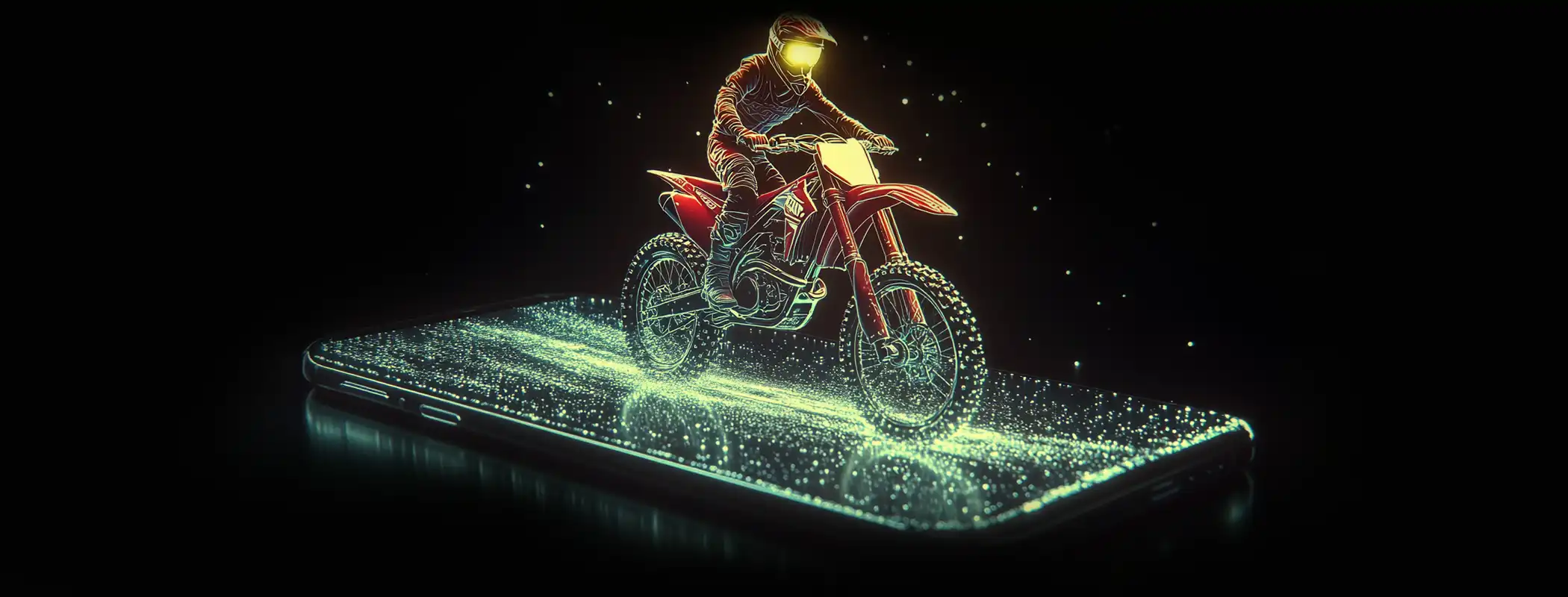 Piloto de moto saindo da tela do celular